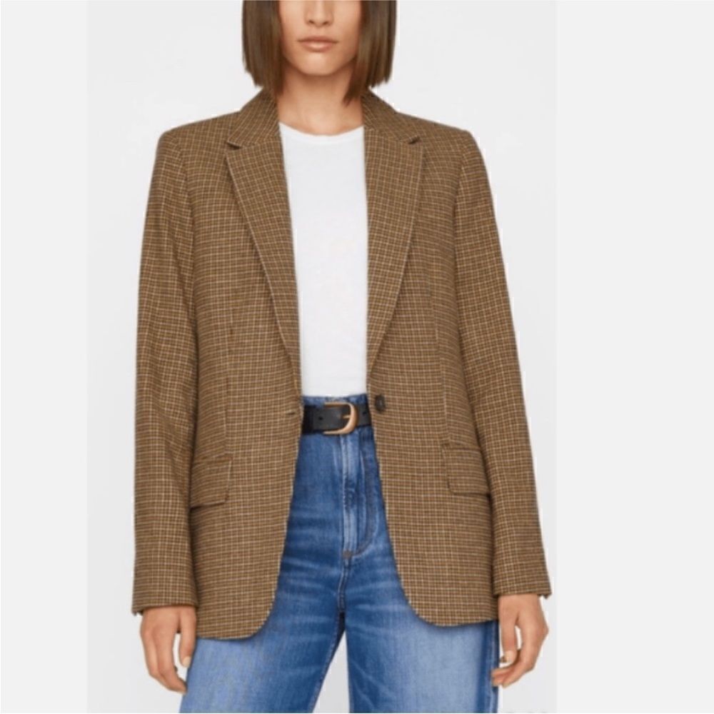 FRAME 70s Ochre Brown Retro Wool Blend Houndstooth Blazer